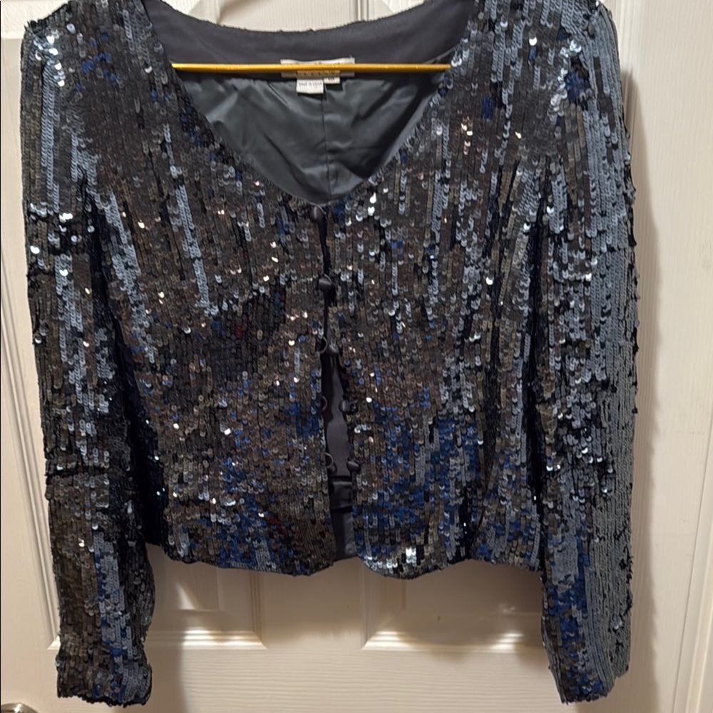 Kay Unger Black and Blue Sequin Blouse - size 10